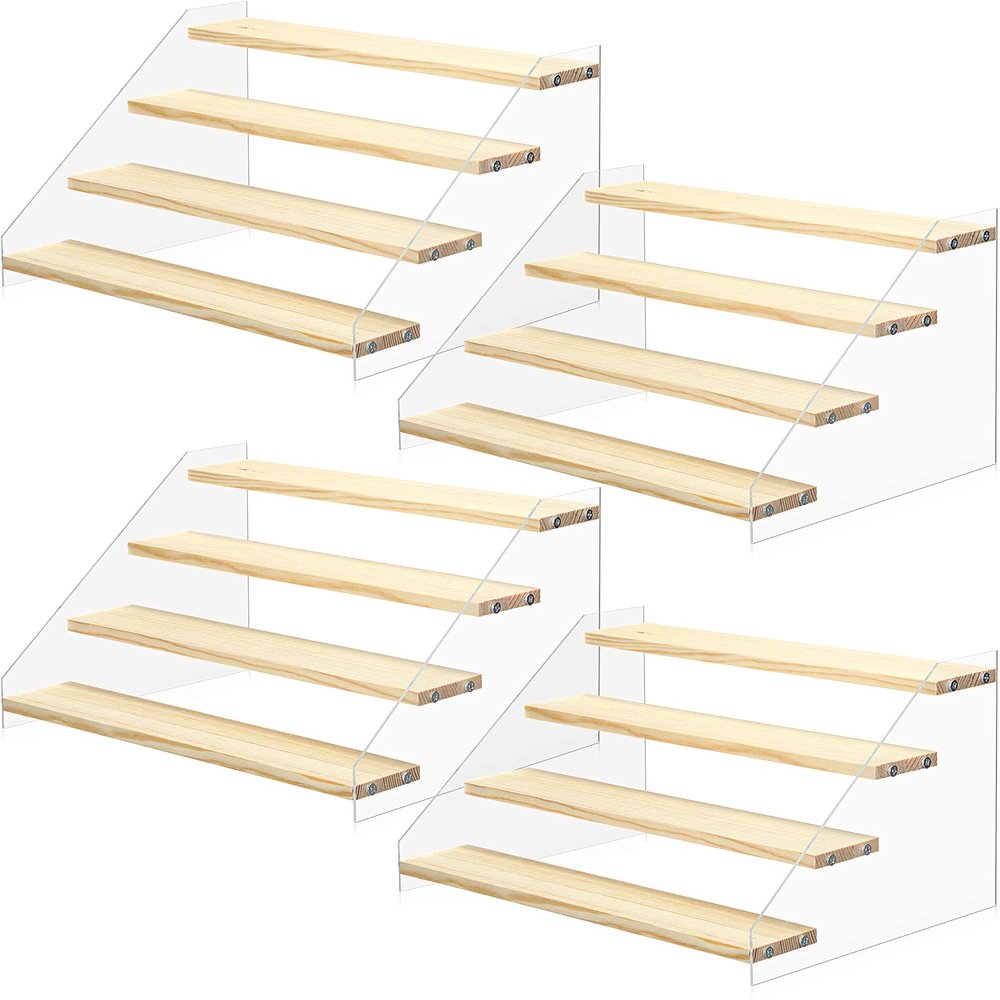 4 Pack 4 Tier Acrylic Wooden Display Stand, Clear Acrylic Display Riser Shelf Wood Tiered Display Shelf Rack Step Ladder Riser Stands for Cupcakes Perfumes Figures Collectibles, 12 Inch