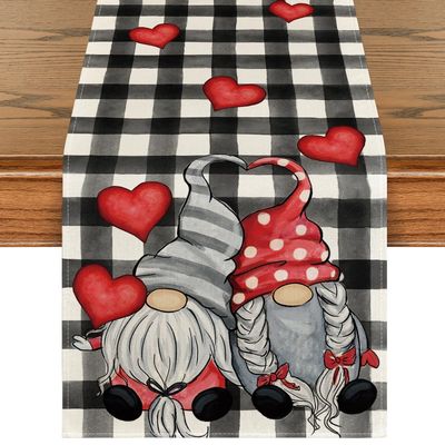Artoid Mode Watercolor Buffalo Plaid Hearts Gnomes Love Valentine's Table Runner, Seasonal Anniversary Wedding HoliKitchen Dining Table Decoration for Indoor Outdoor Home Decor 13 x 60 Inch