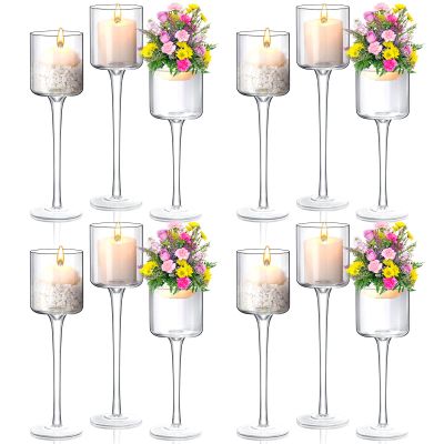 12 Pcs Glass Candle Holder Tall Tea Lights Candle Holder for Table Centerpiece Floating Hurricane Long Stem Pillar for Wedding Party Home Table Decor, 3 Sizes