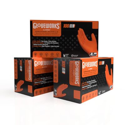 GLOVEWORKS Nitrile Gloves Disposable Orange 8 mil, Large 3 Boxes of 100