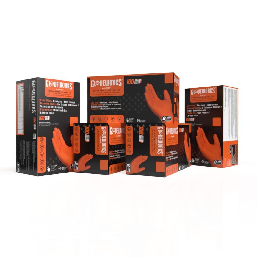 GLOVEWORKS Nitrile Gloves Disposable Orange 8 mil, Medium 5 Boxes of 100
