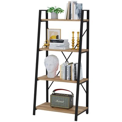 BON AUGURE Farmhouse Ladder Shelf Bookcase, 4 Tier Rustic Ladder Bookshelf, Standing Leaning Book Shelves for Living Room (Vintage Oak)