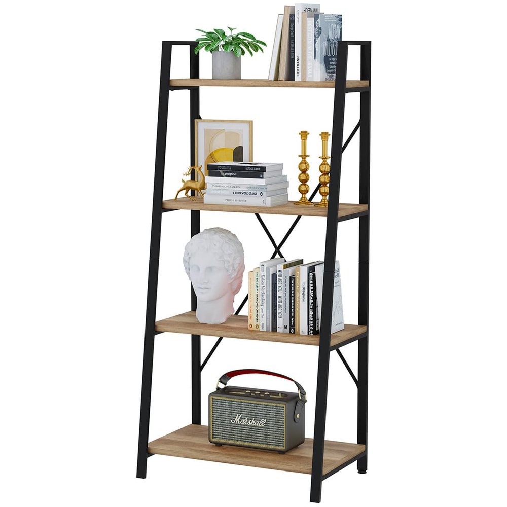 BON AUGURE Farmhouse Ladder Shelf Bookcase, 4 Tier Rustic Ladder Bookshelf, Standing Leaning Book Shelves for Living Room (Vintage Oak)