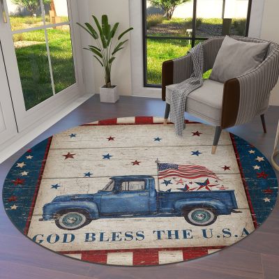 4th of July Truck Round Area Rugs Collection 4', Vintage Independence Day Car American Star Indoor Circular Throw Runner Rug Floor Mat Carpet for Living Room Dining Table Bedroom Nursery Decor