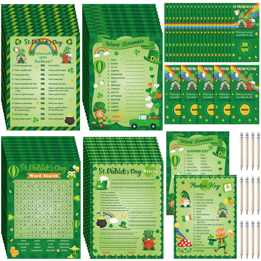 Chinco 127 Pcs St. Patrick's Day Games Cards Lucky Shamrock Cards St. Patrick's Day Party Game Trivia Game for Adults Kids Irish Classroom Games Activities Birthday Party Supplies