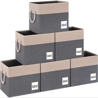 ASXSONN Storage Bins (6 Pack), Closet Storage Bins with Label & Cotton Rope Handles, Large Storage Baskets for Shelves, Storage Baskets for Organizing Nursery, Home, 15"x11"x9.6", Grey&Beige