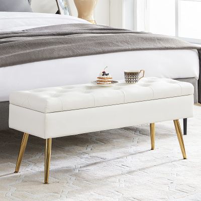 RUCUKEN White Leather Bench for Bedroom Storage Ottoman Bench with Storage End of Bed Bench