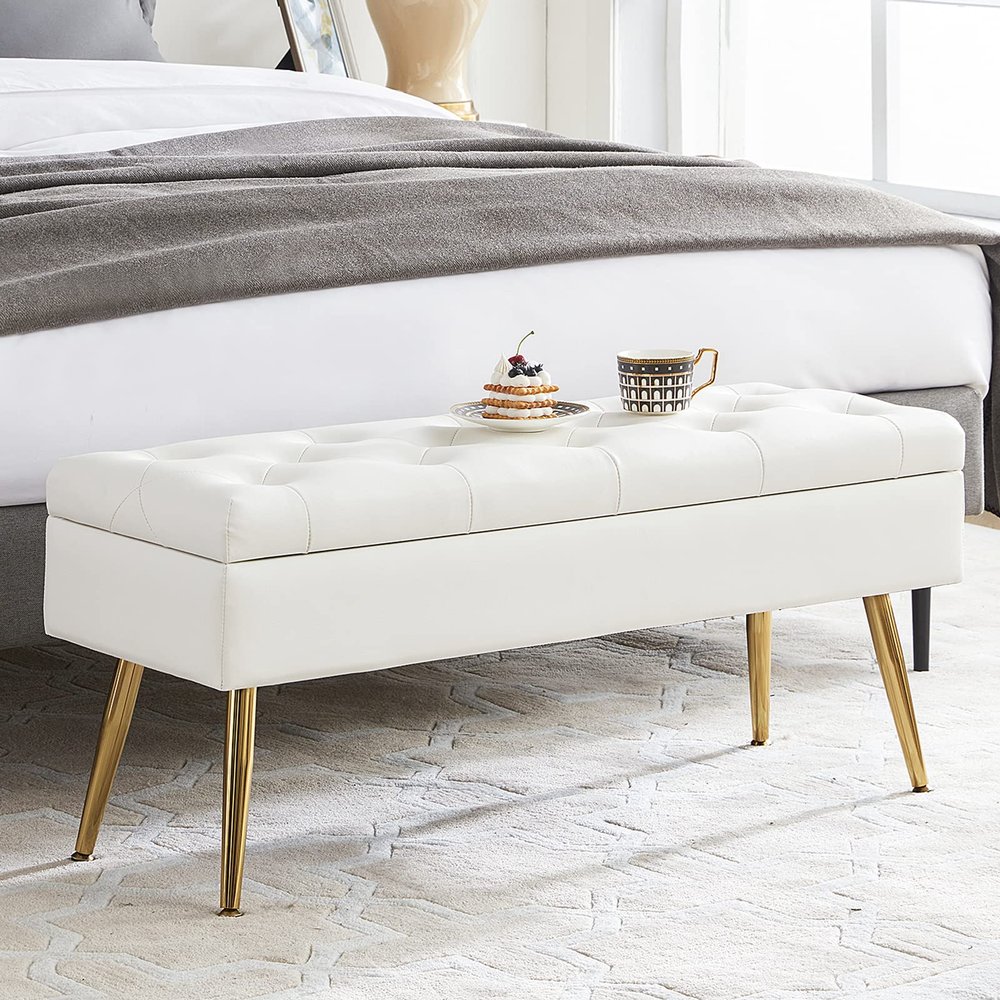 RUCUKEN White Leather Bench for Bedroom Storage Ottoman Bench with Storage End of Bed Bench