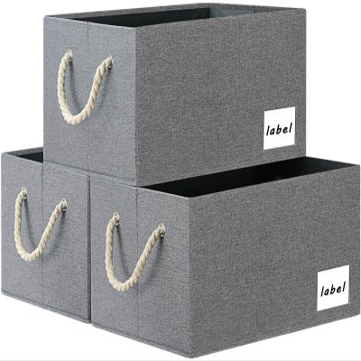 ASXSONN Extra Large Storage Bins, Foldable Storage Baskets for Shelves, Closet Storage Bins with Label & Cotton Rope Handles (3 Pack, 15.75"x11.8"x10.2", Grey)