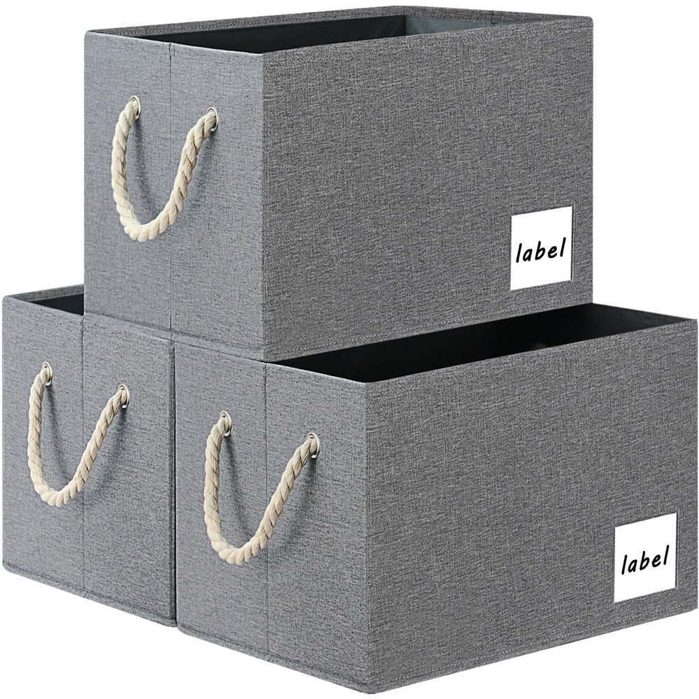 ASXSONN Extra Large Storage Bins, Foldable Storage Baskets for Shelves, Closet Storage Bins with Label & Cotton Rope Handles (3 Pack, 15.75"x11.8"x10.2", Grey)
