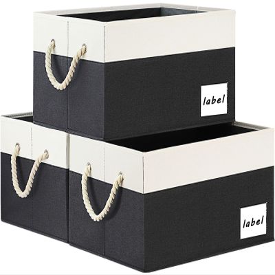 ASXSONN Extra Large Storage Bins, Foldable Storage Baskets for Shelves, Closet Storage Bins with Label & Cotton Rope Handles (3 Pack, 15.75"x11.8"x10.2", Black&White)