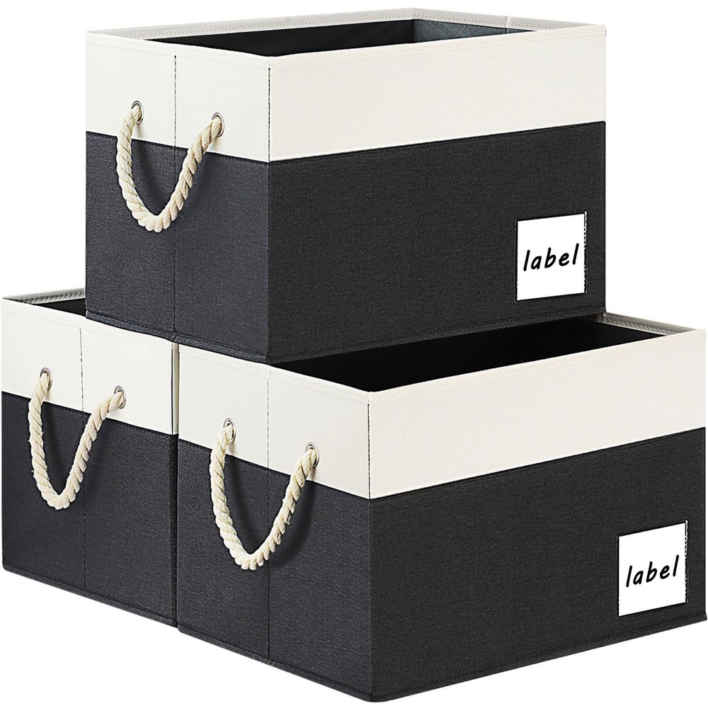 ASXSONN Extra Large Storage Bins, Foldable Storage Baskets for Shelves, Closet Storage Bins with Label & Cotton Rope Handles (3 Pack, 15.75"x11.8"x10.2", Black&White)