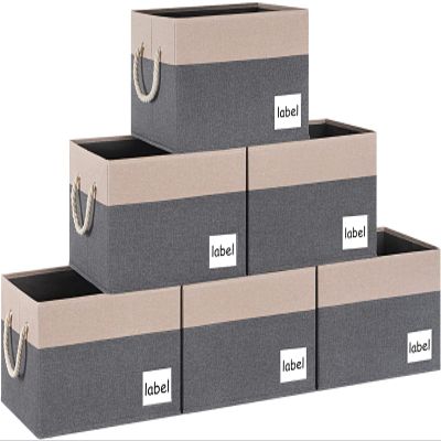 ASXSONN Extra Large Storage Bins, Foldable Storage Baskets for Shelves, Closet Storage Bins with Label & Cotton Rope Handles (6 Pack, 15.75"x11.8"x10.2", Grey&Beige)
