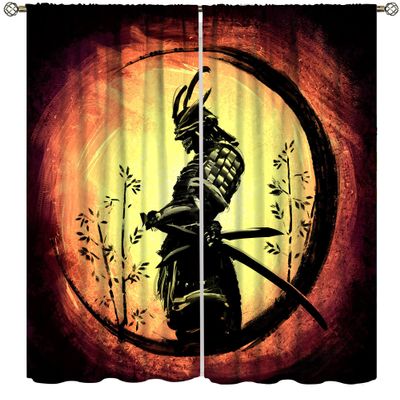 Japanese Samurai Curtains,Hand Painted Red Sun Bamboo Ink Print Children Boy Bedroom Decorative Curtains 63x72in