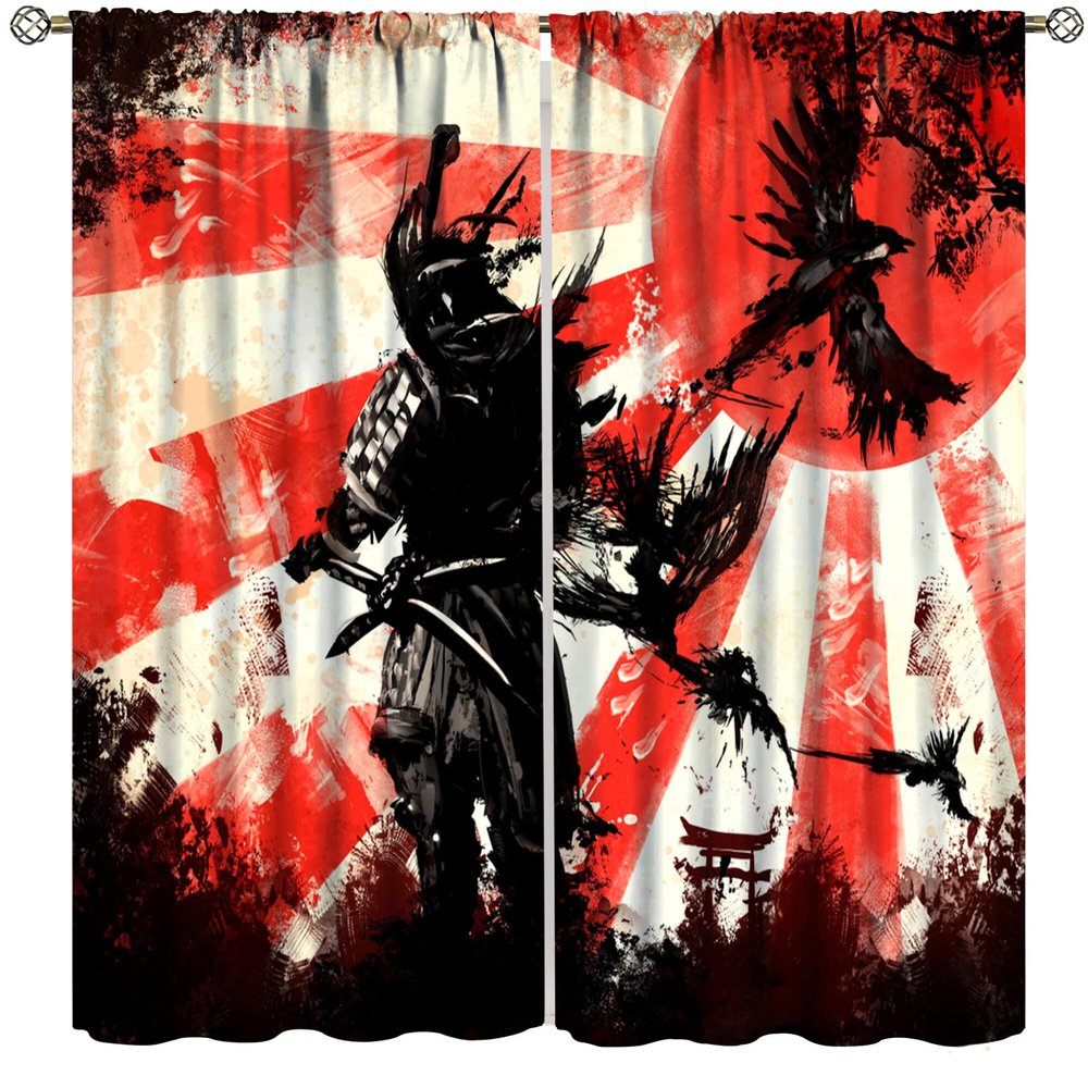 Japanese Armor Samurai Curtains,Red Sun Ink Painting Teenage Boys Bedroom Living Room Through The Rod Curtains 55x63in
