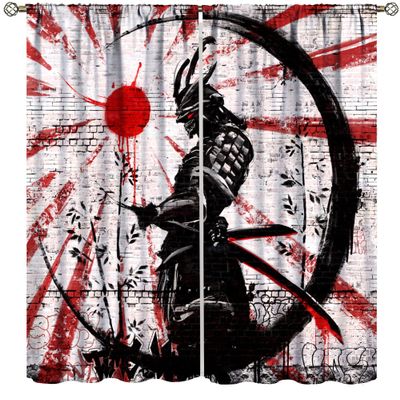 Japanese Samurai Curtains,Retro Red Sun Samurai Bamboo Japanese Curtains 2 Sets of Teenage Boys Bedroom Living Room Kitchen 63x72in