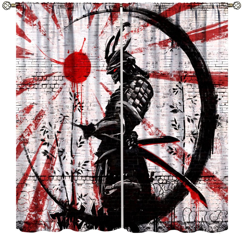 Japanese Samurai Curtains,Retro Red Sun Samurai Bamboo Japanese Curtains 2 Sets of Teenage Boys Bedroom Living Room Kitchen 63x72in