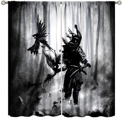 Japanese Curtains,Forest Japanese Samurai Black and White Ink Painting, Teenage Boy Bedroom Living Room Blackout Decorative Curtains 2 Piece Set 52x84in