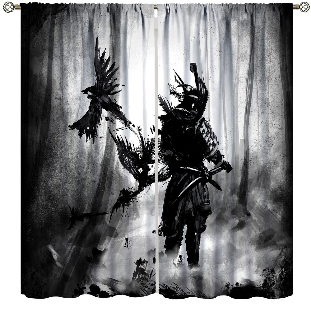 Japanese Curtains,Forest Japanese Samurai Black and White Ink Painting, Teenage Boy Bedroom Living Room Blackout Decorative Curtains 2 Piece Set 52x84in