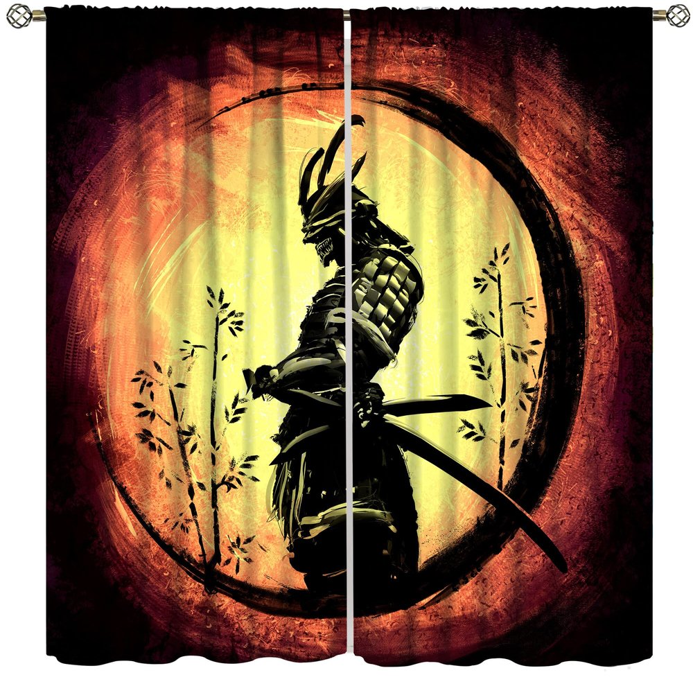 Japanese Samurai Curtains,Hand Painted Red Sun Bamboo Ink Print Children Boy Bedroom Decorative Curtains 42x45 Inch