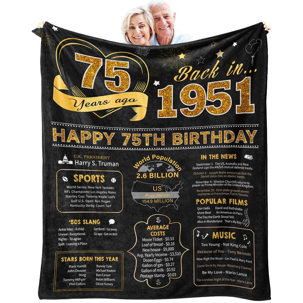 75th Birthday Gifts for Women Men, Birthday Gifts for 75 Year Old Woman Man, Women/Men 75 Year Old Birthday Gifts, 1951 Birthday Gifts for Men Women, 75th Birthday Gift Ideas Throw Blanket 60x50 Inch
