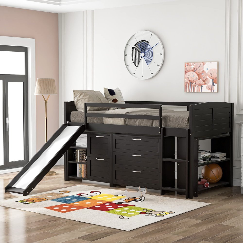 CKLMMC Modern Low Twin Size Loft Bed with Cabinets, Shelves and Slide, Suitable for Kids, Teens, Bedroom (Espresso@d~)