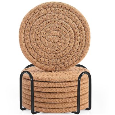 ABenkle 8 Pcs Drink Coasters with Holder, Cotton Woven Absorbent Coasters for Drinks, Minimalist Home Decor Coaster Set for Wooden Tabletop Protection Table, 4.3 inches Brown