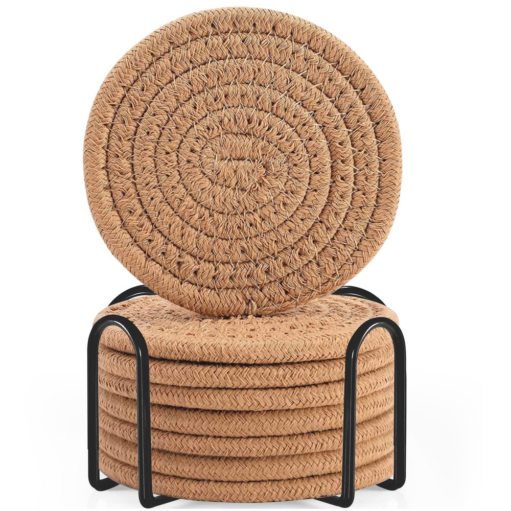 ABenkle 8 Pcs Drink Coasters with Holder, Cotton Woven Absorbent Coasters for Drinks, Minimalist Home Decor Coaster Set for Wooden Tabletop Protection Table, 4.3 inches Brown