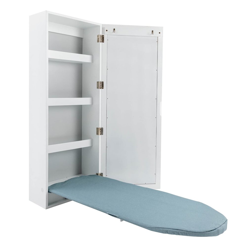 Ironing Board Cabinet Wall Mounted, Cabinet with Built-in Ironing Board, Foldable Ironing Storage Station with Mirror for Home, Apartment & Small Spaces, Easy-Release Lever