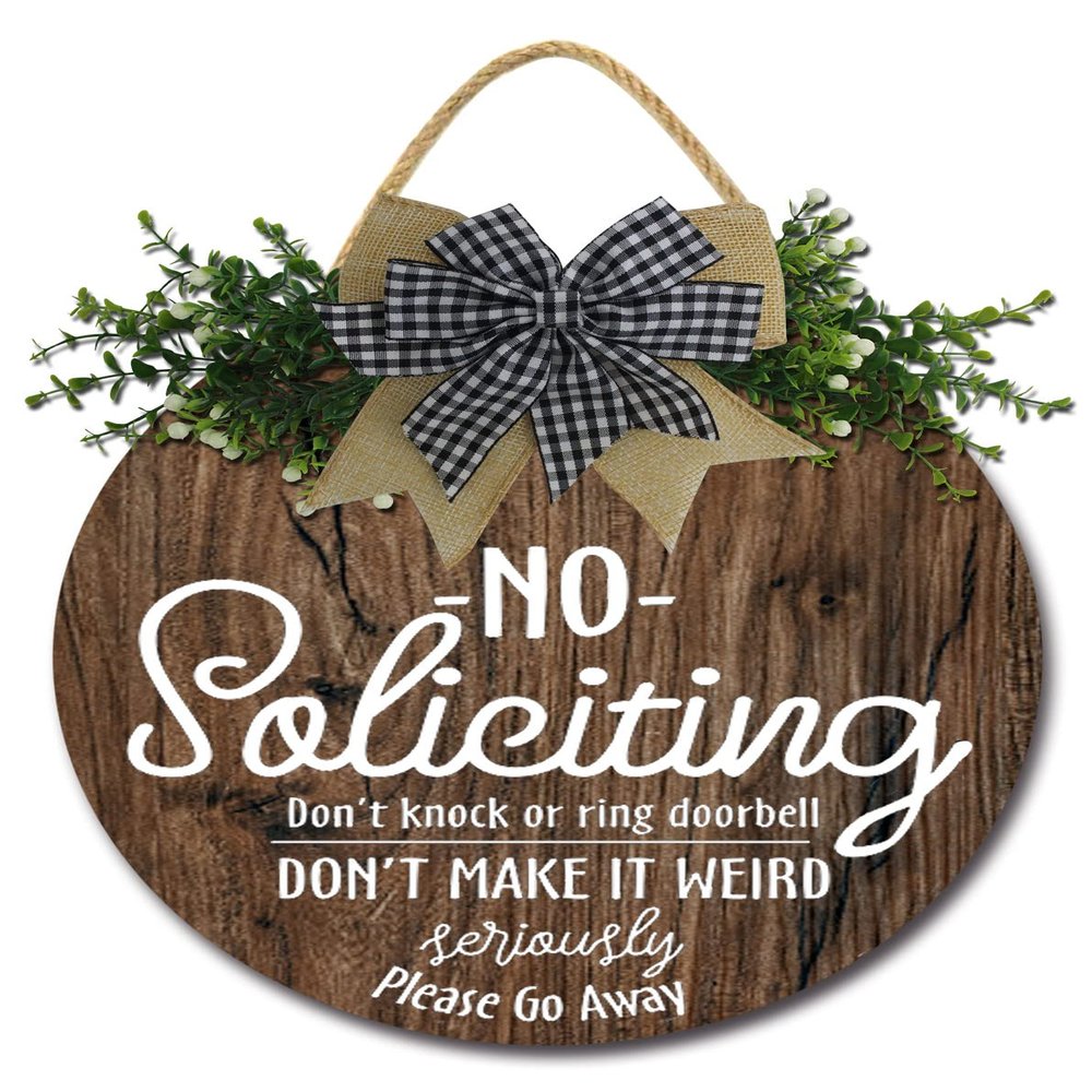 Sokomurg No Soliciting Sign,Rustic Wooden Funny No Soliciting Sign for Home,11Inch Round Wood Plaque with Wreath Hangers for Front Door-Don't Knock Or Ring Doorbell Don't Make It Weird Seriously Please Go Away Wooden Signs for Front door,Window,House