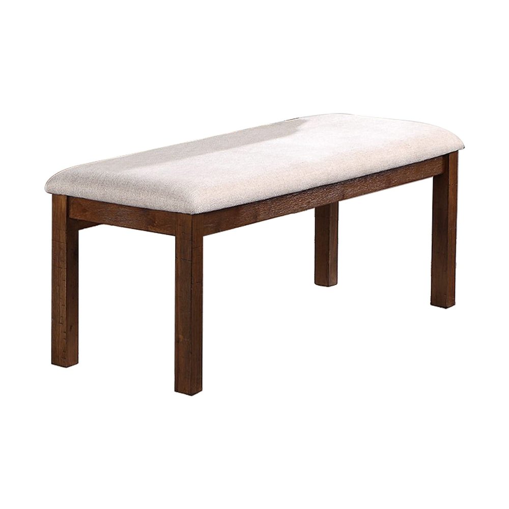 Benjara 48 Inch Classic Fabric Upholstered Dining Bench, Pine Wood, Ivory and Brown
