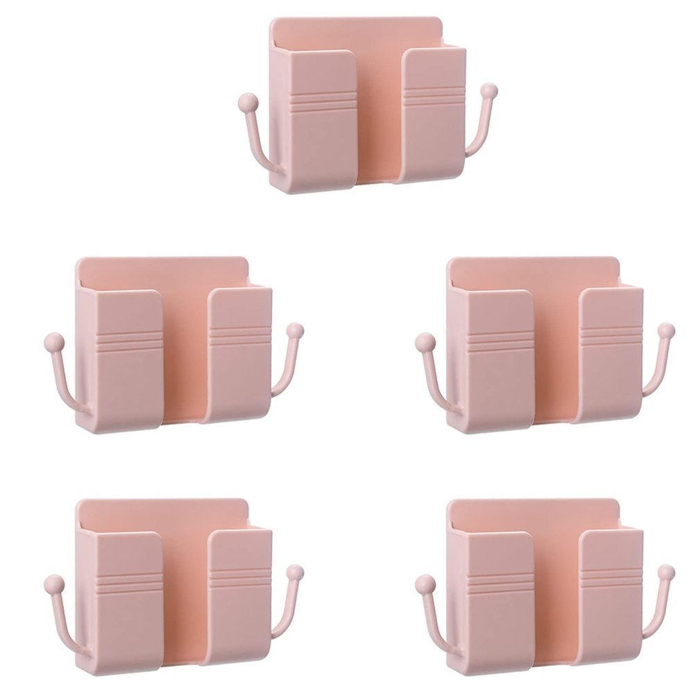 VALINK Remote Control Storage Box,Wall Mount Phone Holder Self Adhesive Remote Control Mobile Phone Wall Holder Organizer Storage Box with 2 Hooks Pink