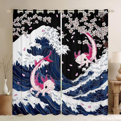 Axolotl Blackout Curtains Pink Cherry Blossom Curtains & Drapes for Boys Girls,Japanese Ukiyoe Curtains Big Pike Fish Coastal Creature Window Curtains 84"X84",Under Sea Ocean Waves Bedroom Decor