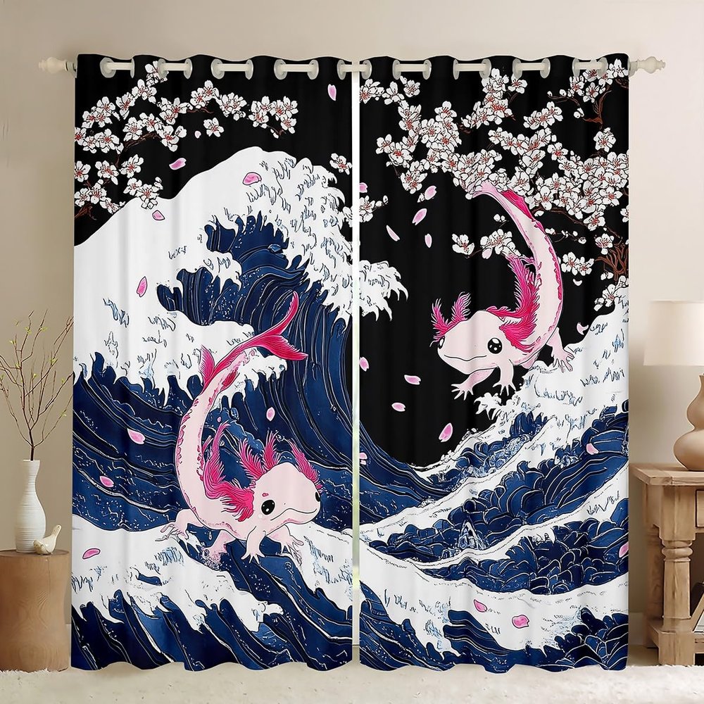 Axolotl Blackout Curtains Pink Cherry Blossom Curtains & Drapes for Boys Girls,Japanese Ukiyoe Curtains Big Pike Fish Coastal Creature Window Curtains 84"X84",Under Sea Ocean Waves Bedroom Decor
