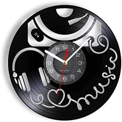 Black Vinyl Wall Clock 12Inch Long-Playing Headphone Turntable Vinyl Record Wall Clock Music Retro Pop Art Player Silent Home Decor