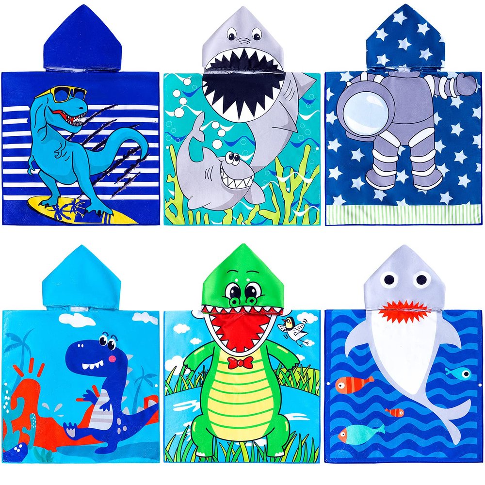 Foaincore 6 Pack Hooded Beach Towel for Kids Hooded Bath Towel 47 x 24 Inch Towel Poncho Kids Towel Set Microfiber Baby Towel for Girls Boys 1-7 Years Bathroom Beach Swim Supplies (Dinosaur, Shark)