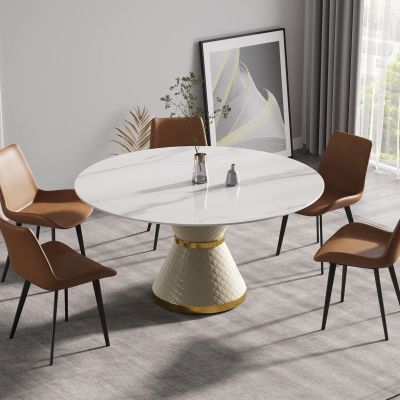 59.05" Modern White Dining Table for 8, Dining Room Table with White Sintered Stone Tabletop and White Carbon Steel Base Round Kitchen Table for Living Room Dining Room (Not Including Chairs)