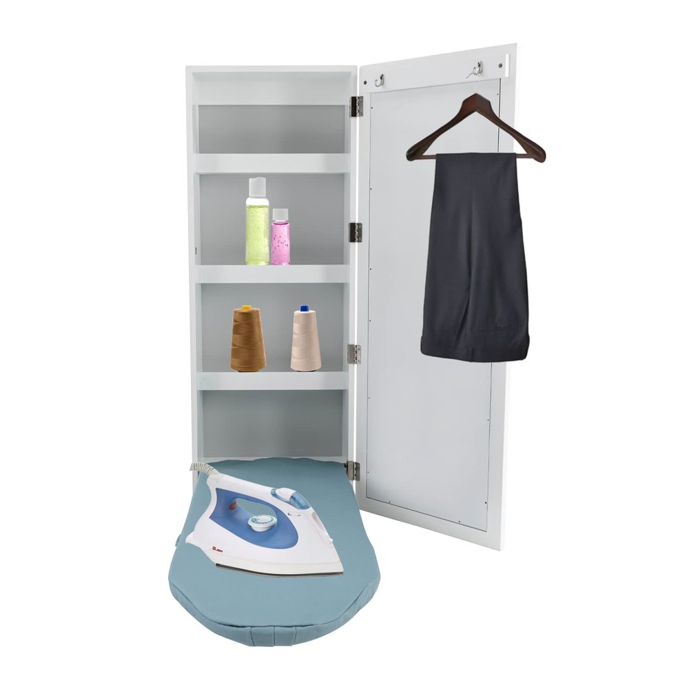 LOYALHEARTDY Wall-Mounted Ironing Board Cabinet with Miror Door & Storage Shelf, Foldable Ironing Storage Station Space Saving Wall Ironing Board Built-in Ironing Center Cabinet for Home