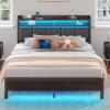 Rolanstar Queen Bed Frame with LED Lights, Upholstered Headboard, Charging Station, Storage Shelves, Heavy Duty Metal Slats, No Box Spring Needed, Noise Free, Easy Assembly, Dark Grey view 1