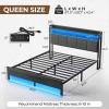 Rolanstar Queen Bed Frame with LED Lights, Upholstered Headboard, Charging Station, Storage Shelves, Heavy Duty Metal Slats, No Box Spring Needed, Noise Free, Easy Assembly, Dark Grey view 2