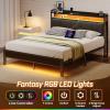 Rolanstar Queen Bed Frame with LED Lights, Upholstered Headboard, Charging Station, Storage Shelves, Heavy Duty Metal Slats, No Box Spring Needed, Noise Free, Easy Assembly, Dark Grey view 3