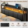 Rolanstar Queen Bed Frame with LED Lights, Upholstered Headboard, Charging Station, Storage Shelves, Heavy Duty Metal Slats, No Box Spring Needed, Noise Free, Easy Assembly, Dark Grey view 4