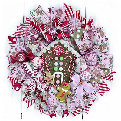 Gingerbread House Christmas Wreath, All Handmade Candy, Peppermint Candy Cane Gingerbread Christmas Decorations