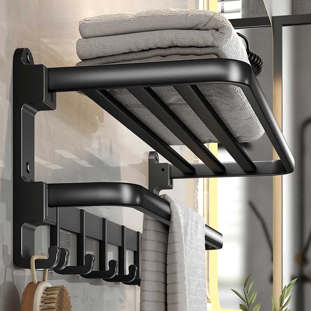 (1 Pack) Yariwiz Matte Black Towel Rack Wall Mounted No Drill and Screw Mounting, Bathroom Bath Shower Length 24 inch Double Towel Rod with Shelf Hotel Towel Rack B0503-MB