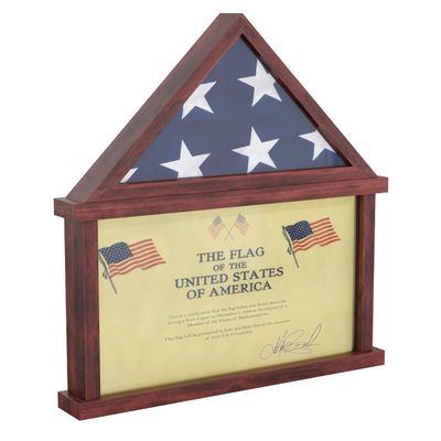 HBCY Creations Flag Display Case with Certificate Holder for 5' x 9.5' American Veteran Burial Flag, Solid Wood with Glass Front with Wall Mount or Standing Display, Cherry Finish