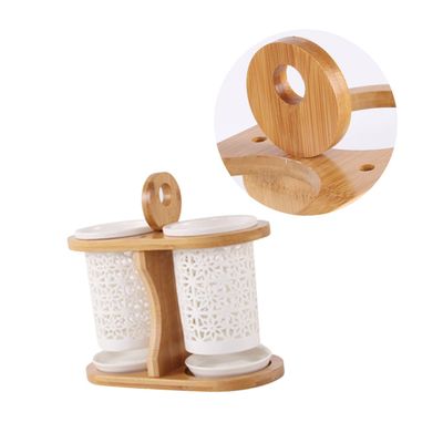 Cabilock Bamboo and Wood Chopstick Drain Rack Double-row Ceramic Holder for Kitchen Utensils Storage Drying Design for Home Use Ellipse Style Random Ceramic Pattern