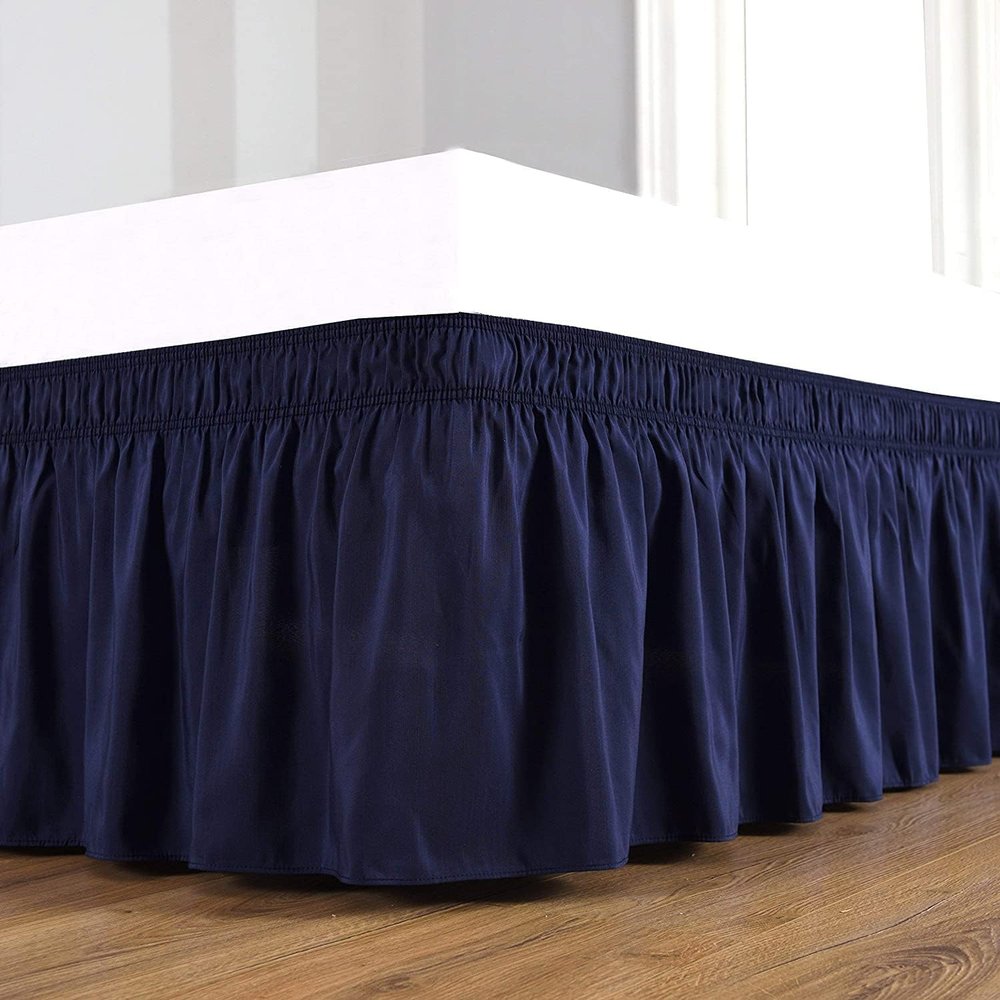 Navy Blue Wrap Around Bed Skirt with 18" Drop - Three Sides Fabric Adjustable Elastic Dust Ruffle Silky Soft -600 TC with 18" Drop-Full(54"X 75") Navy Blue Bed Skirt