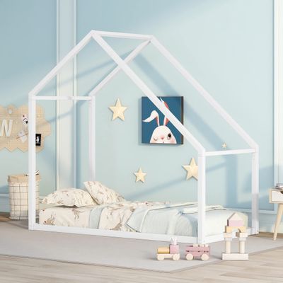CKLMMC Fun Kids Twin Size House Bed Frame with Roof,Metal Platform Bed for Kids Teen Toddler Boys Girls,Slats are Not Included,Safety and Comfortable (White#a)