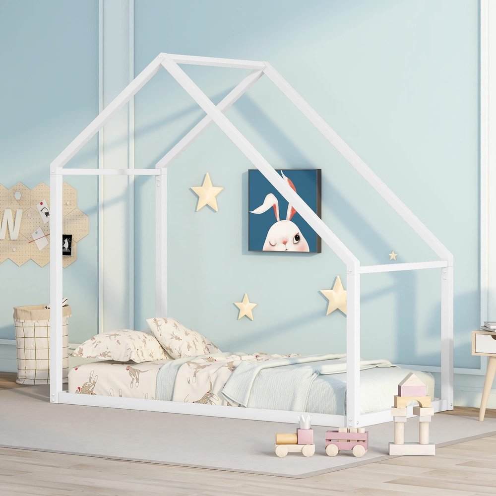 CKLMMC Fun Kids Twin Size House Bed Frame with Roof,Metal Platform Bed for Kids Teen Toddler Boys Girls,Slats are Not Included,Safety and Comfortable (White#a)