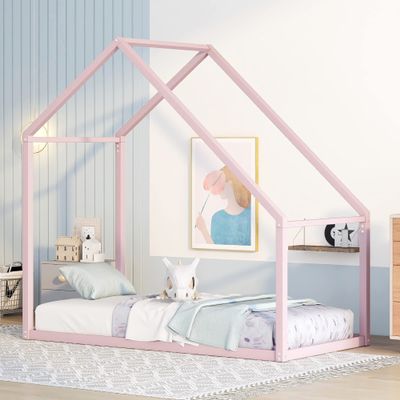 CKLMMC Fun Kids Twin Size House Bed Frame with Roof,Metal Platform Bed for Kids Teen Toddler Boys Girls,Slats are Not Included,Safety and Comfortable (Pink#a)